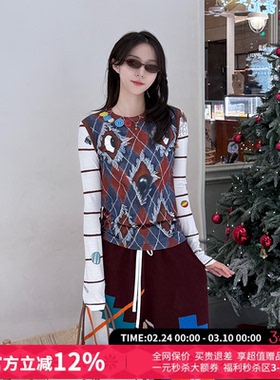 CHEERi UPi修身满印菱形格长袖T恤打底衫女26春夏新款