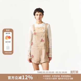 FORDARE福蝶卡其色玫瑰花刺绣毛边背带裤 26早春新款