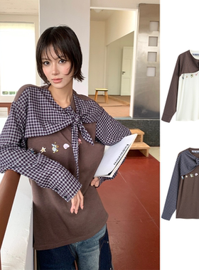 YANAG昆虫序曲领结拼格假两件长袖T恤女26春夏新款