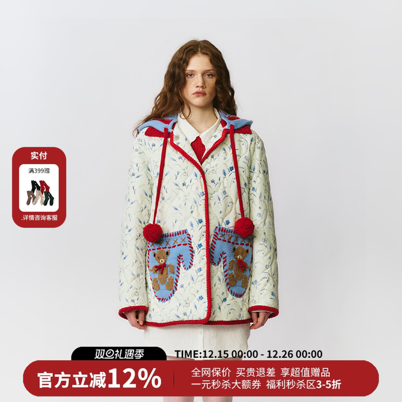 FORDARE福蝶小熊手套口袋毛织连帽棉服外套25秋冬新款