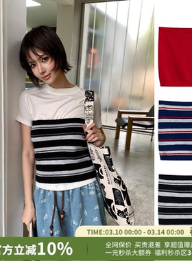 YANAG修身短款学院风刺绣条纹针织抹胸女26春夏新款