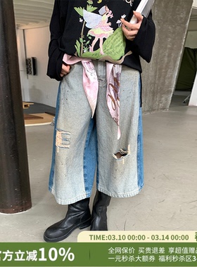 YANAG丝巾装饰正反脏脏拼接7分牛仔裤女26春夏新款