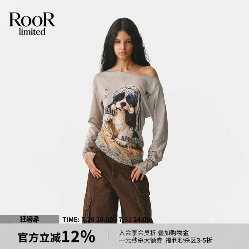 福蝶FORDARE斜肩蕾丝拼接上衣