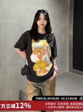 CHEERi UPi休闲宽松黑色金马玉堂假两件拼接长袖T恤女26春夏新款