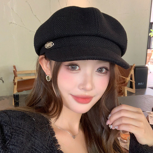 贝雷帽女2025新款黑色鸭舌帽大头围棒球帽月子帽子春秋冬天八角帽