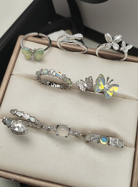 蝴蝶闪钻月亮石小蛇母贝开口戒指