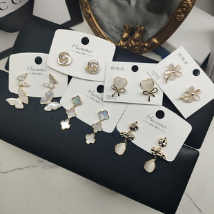 小花幸运草蝴蝶珍珠流苏闪钻氧化锆彩釉月亮石耳钉耳环韩娜淑耳饰