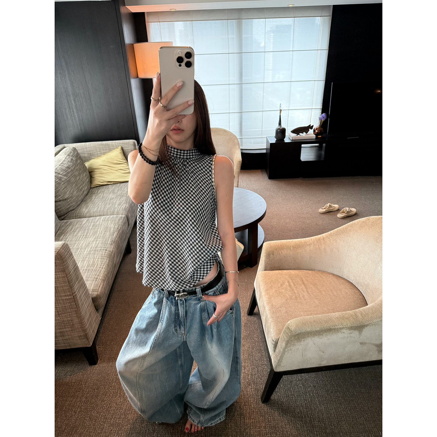 Here yaya shop 7.17 古早氛围感穿搭淡然系格子麻棉背心