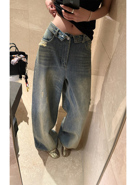Here yaya shop 时髦精必入复古做旧水洗工艺翻边随意感牛仔裤