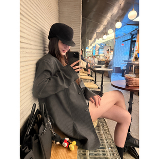 yaya 清冷老钱感纸片人随性竖纹无领西装 shop NEW 外套 8.8 Here