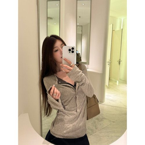 Here yaya shop 3.3 松露榛果层次穿搭假两件水洗松弛感长袖t