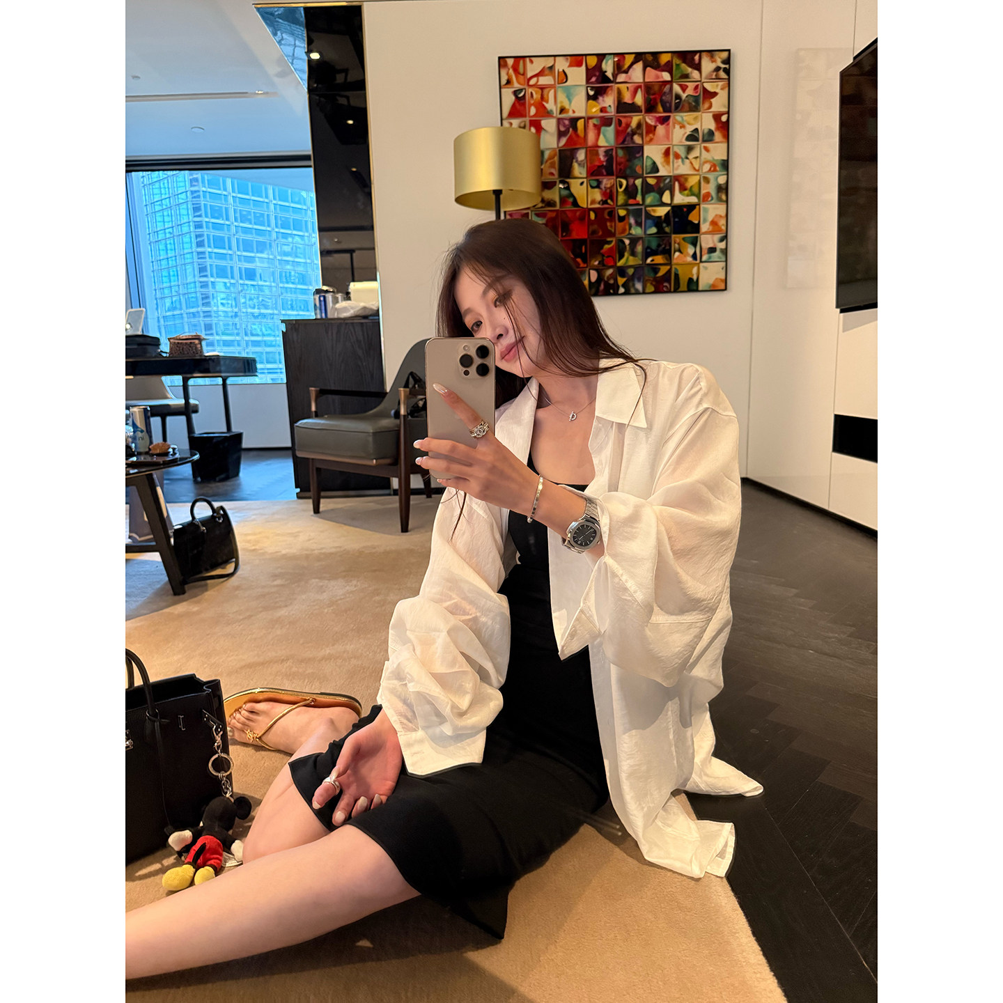 Here yaya shop 人在衣中晃版型chao绝慵懒大大件精致桑蚕丝衬衫