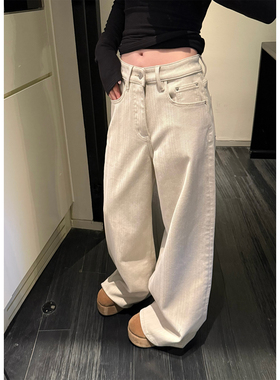 Here yaya shop 杏仁榛果定制人字纹面料慵懒随意加绒直筒牛仔裤