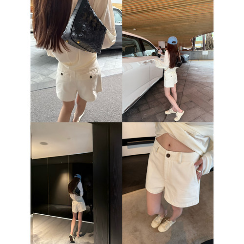 Here yaya shop 夏日序章版型显瘦经典A字水洗棉拉高比列百搭短裤
