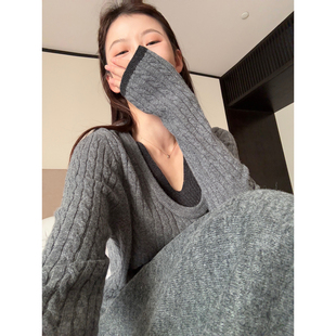 yaya Here shop 1.24 00拼色假两件100%羊毛麻花毛衣 清仓