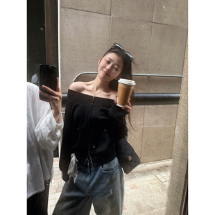 yaya shop 滤镜卫衣螺纹一字肩时髦感拉链卫衣 8.8 Here