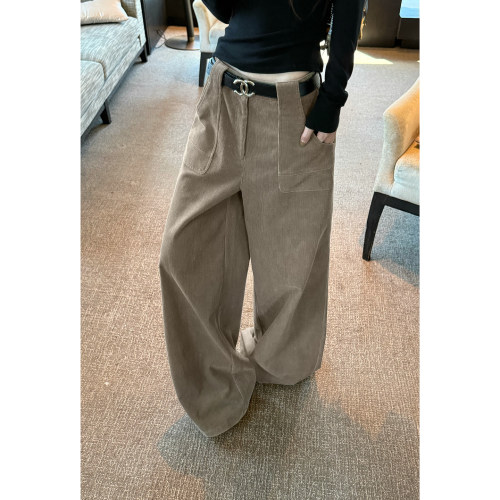 Here yaya shop 复古时髦精显腿直窄版直筒挺括复合灯芯绒裤
