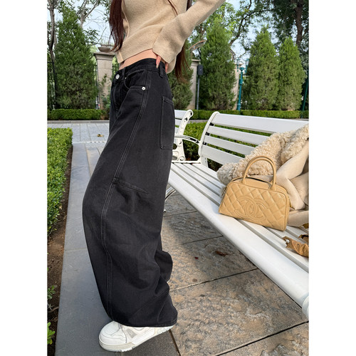 Here yaya shop 高工艺重工水洗植绒磨毛经典弯刀裤牛仔裤