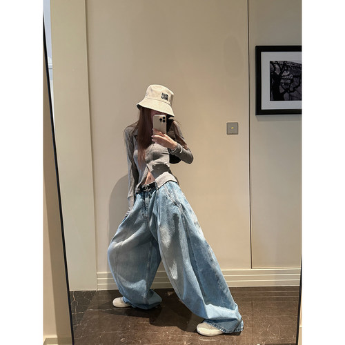 Here yaya shop 时髦主义重磅复古高工艺痞痞慵懒调性气球牛仔裤