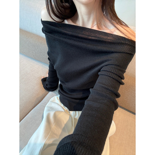 清冷白开水精致氛围小姐姐露肩微微透羊毛针织衫 shop yaya Here