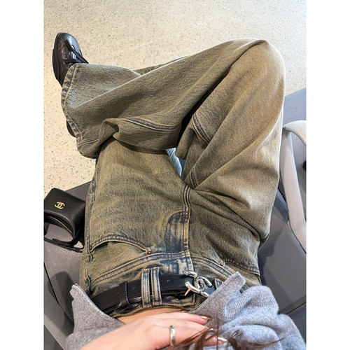 Here yaya shop 脏脏牛版型ju赞显比例高工艺水洗窄版直筒牛仔裤