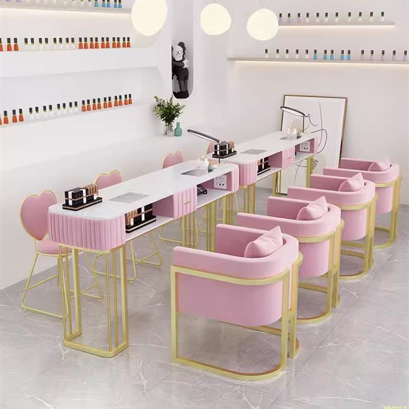 轻奢简约美甲桌椅套装单双三人多功能美甲台大理石带吸尘器修甲桌
