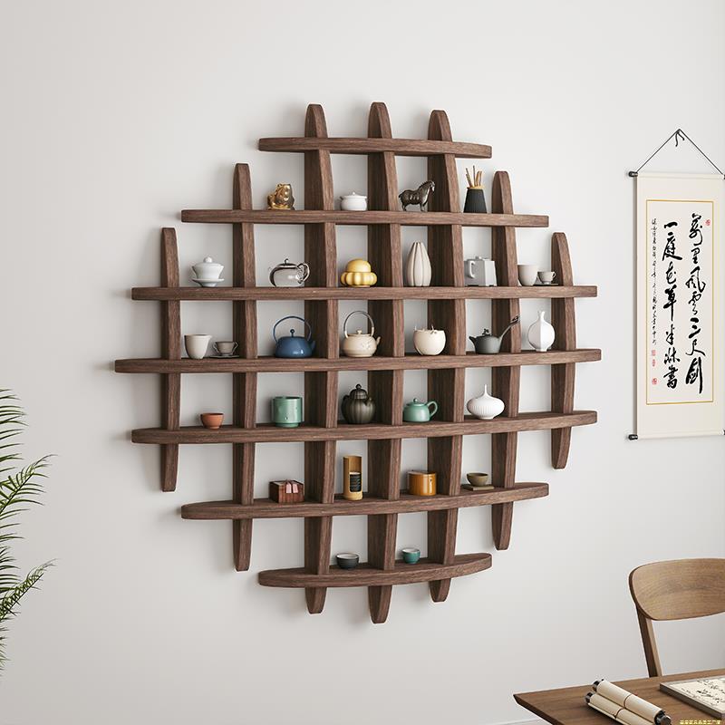 壁挂式博古架实木中式挂墙茶杯架墙上多宝阁格子架置物架背景展示