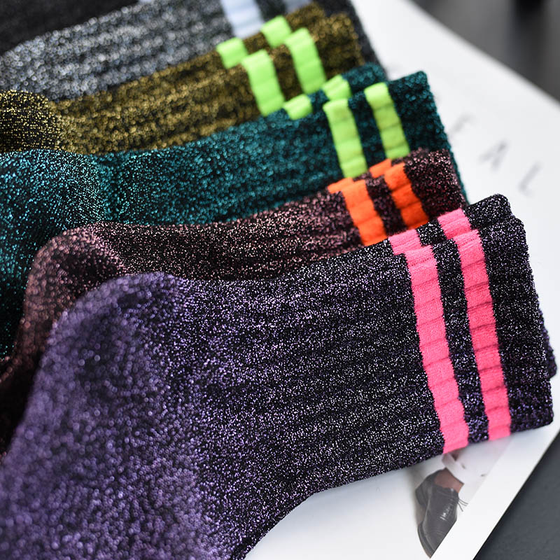 荧光彩色二杠bling金丝袜子女 韩国闪亮丝银葱中筒袜潮中薄两条杠