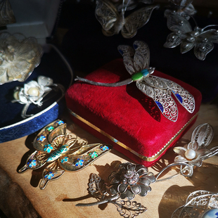 欧洲日本回流中古首饰品925银花丝创汇期手工掐丝银胸花珍珠胸针