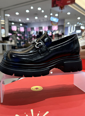 EBLAN伊伴女鞋厚底乐福鞋2025新款真皮增高爆款黑色牛皮B25178237