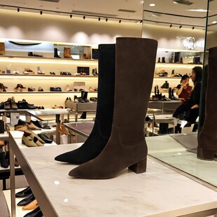 natursun娜冉女鞋尖头粗跟真皮长筒靴2025新款高筒靴N25556706