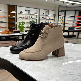 natursun娜冉女鞋真皮粗跟短靴女士靴子2025秋冬新款N25526904