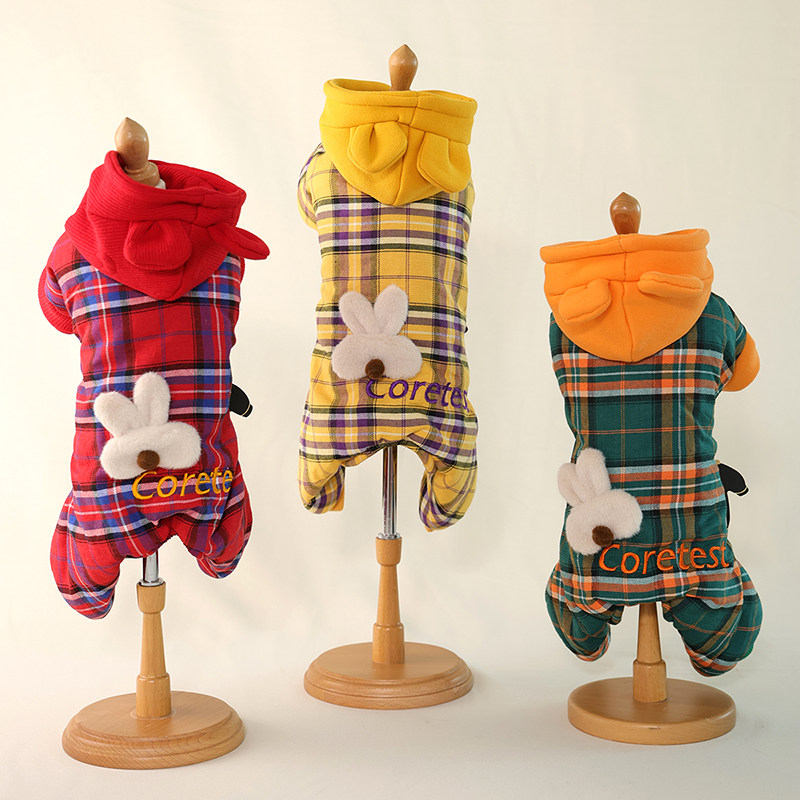 吉米娃娃宠物狗狗衣服2023秋冬新款泰迪比熊博美时尚格子四脚棉衣