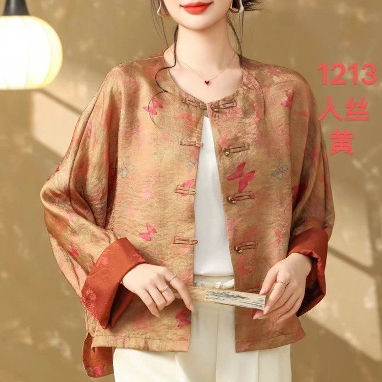 2025秋季新款提花新中式国风女人丝上衣复古百搭短款外套时尚气质