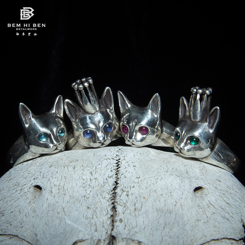 原创戒指925银百搭开口小猫咪