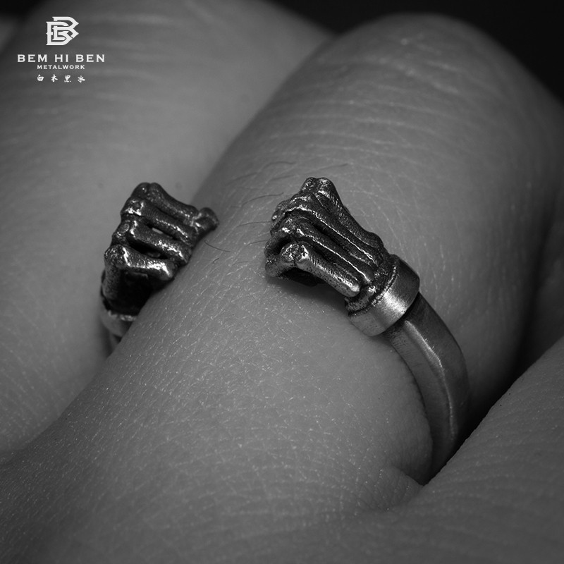 原创拳头银戒指骷髅开口