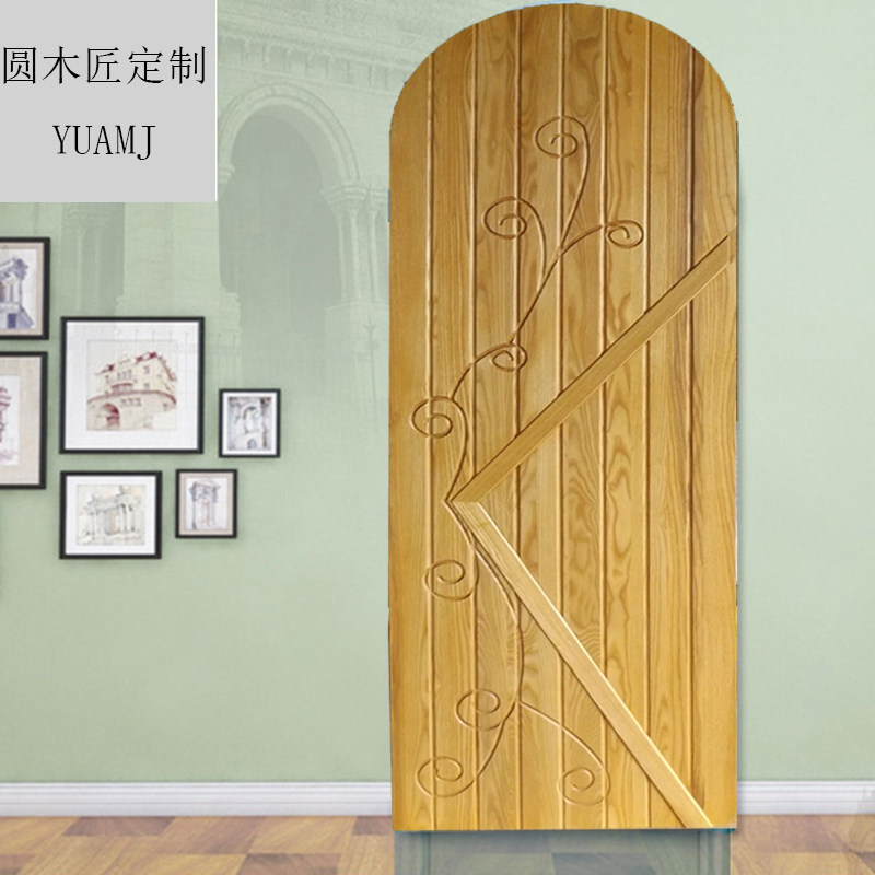 圆木匠拱形实木门 纯原木室内房间门全木门弧形门平开复古卧室门
