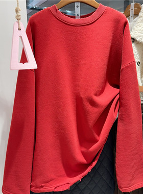 实体同款2025秋冬季新款下摆做旧破洞圆领加绒套头卫衣女3822