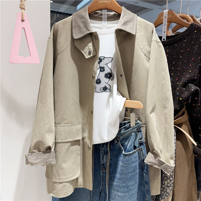 欧洲站实体同款2025秋冬季新款单排扣POLO领双口袋风衣外套女8905