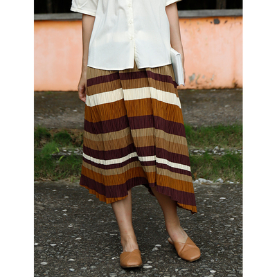 复古风彩色条纹百褶半身裙女夏季