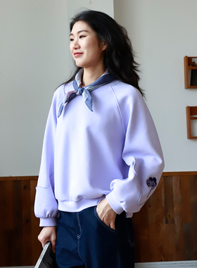 掂量 新中式祥云刺绣插肩袖长袖圆领紫色卫衣宽松上衣Y3V04F11712