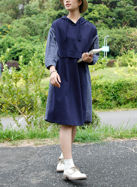 掂量女装 春夏季拼接设计感深蓝色连帽连衣裙女中长款Y1W06Q12156