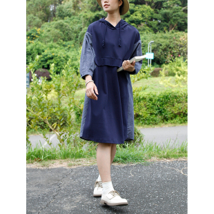 Y1W06Q12156 拼接设计感深蓝色连帽连衣裙女中长款 掂量女装 春夏季