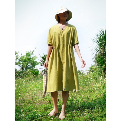 2023夏V领连衣裙女抽绳宽松文艺