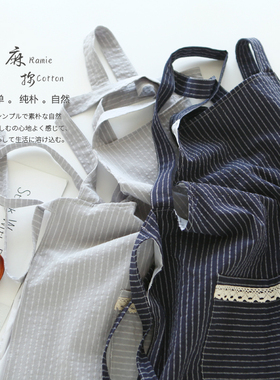 8607简约日式纯棉家用厨房背带围裙韩版双层防水全棉围腰工作服女