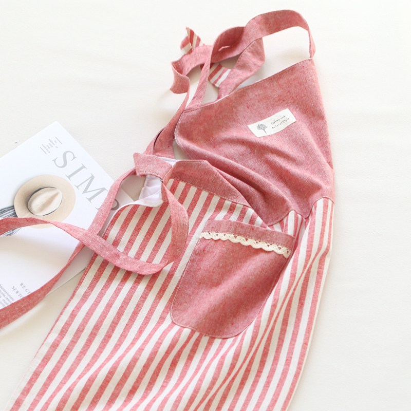 5908日系小清新条纹棉麻布艺围裙