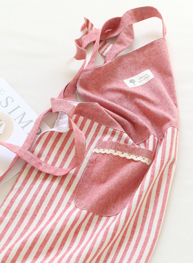 5908日系小清新条纹棉麻布艺围裙家用厨房防污成人做饭罩衣工作服