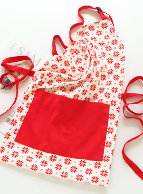 8352田园时尚小众花朵纯棉围裙家用厨房防污可调节绑带红色大口袋