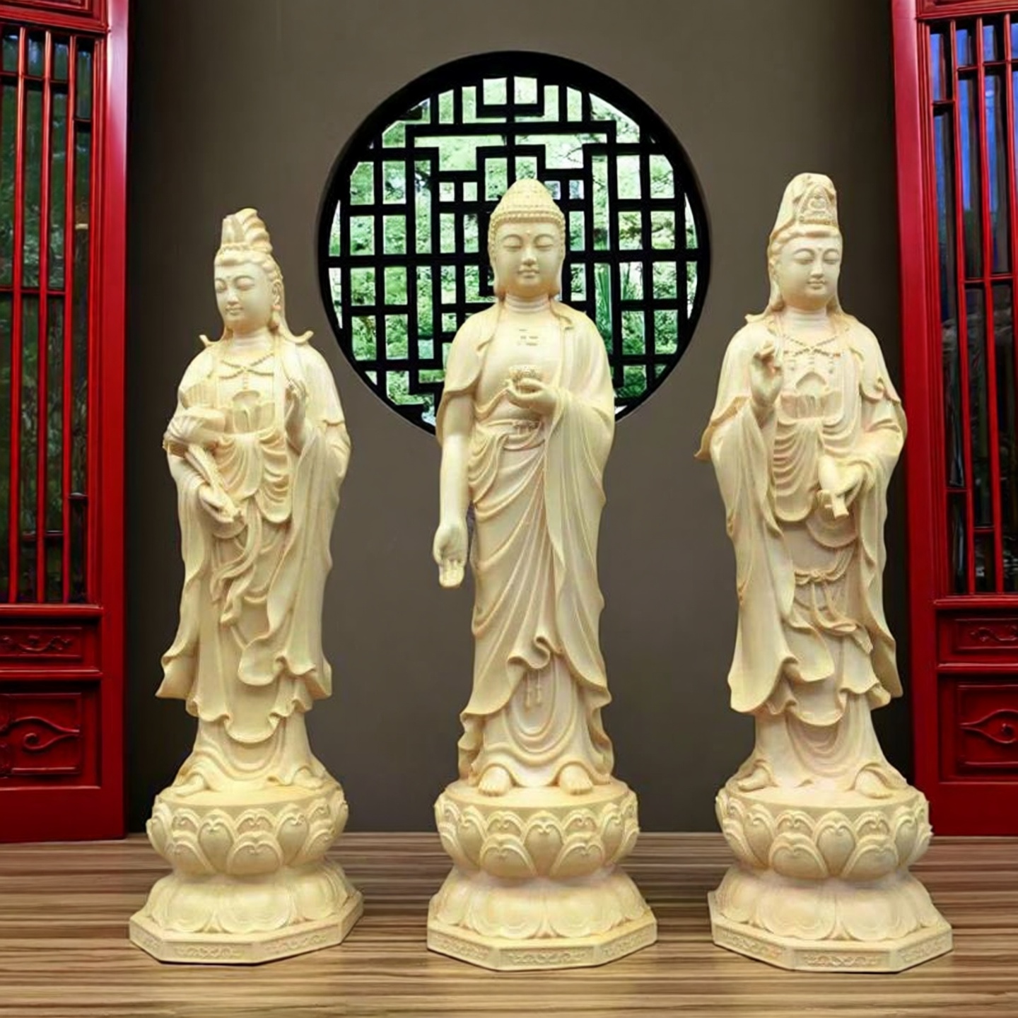 西方三圣阿弥陀佛像摆件黄杨木