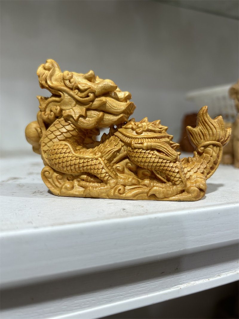 黄杨木雕生肖龙摆件实木雕刻居家客厅电视柜装饰品摆设招财龙戏珠
